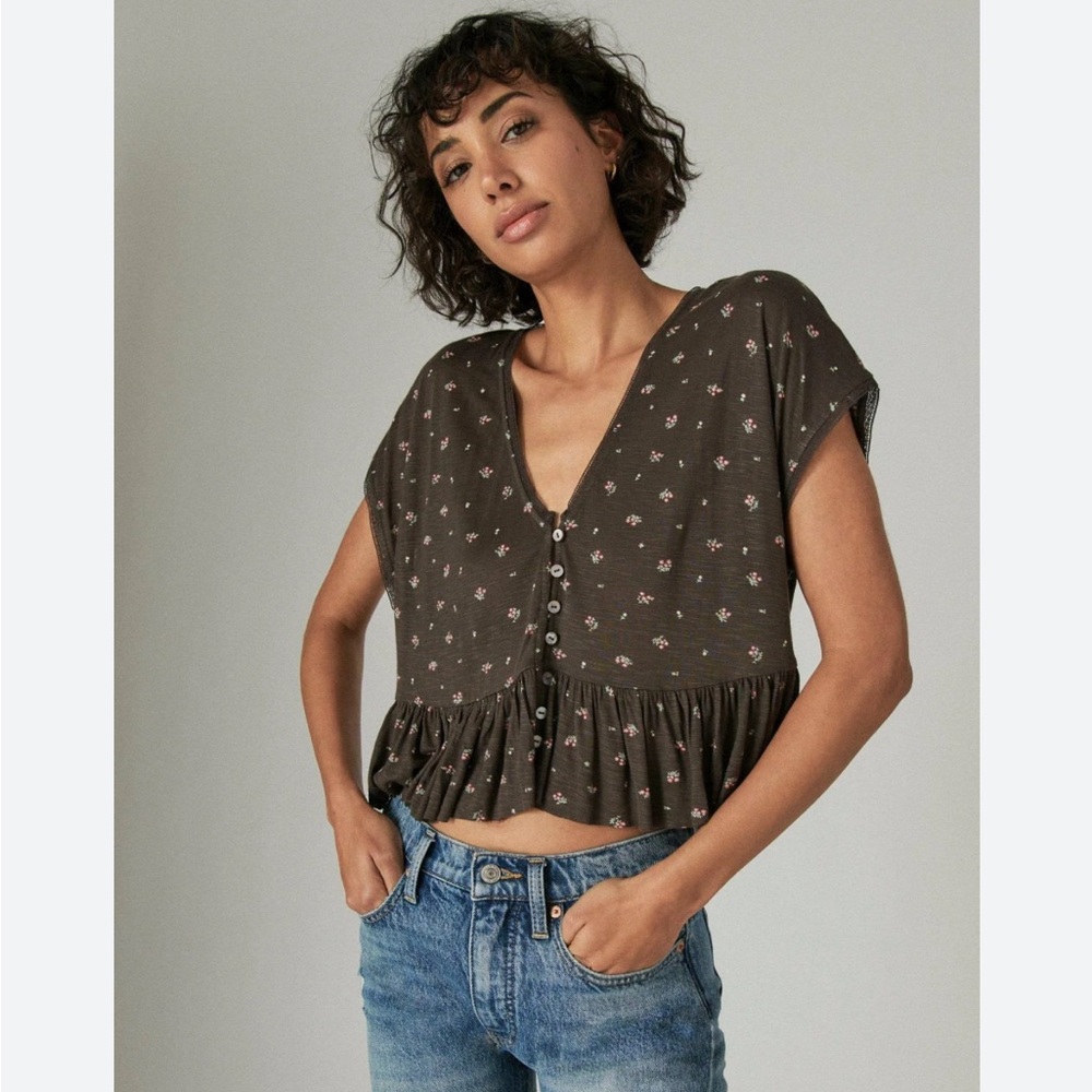 Lucky Brand Brown Floral Button-Down Top